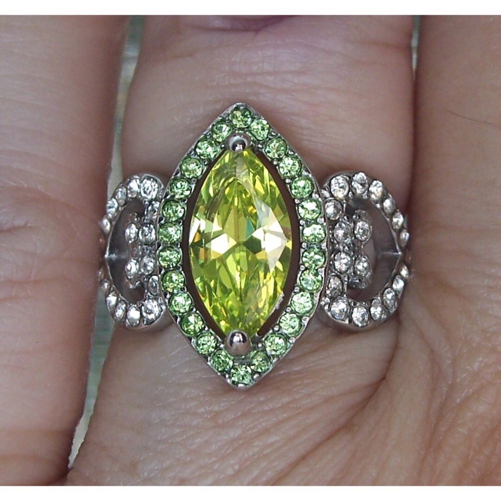 Marquise Simulated Peridot & Cubic Zirconia Ring Stainless Steel Women's - Picture 12 of 16